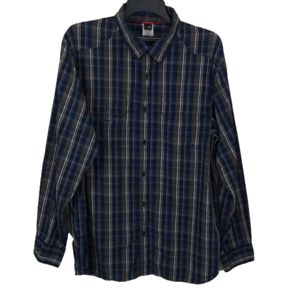 The North Face Gray Blue Plaid Pointed Collar Long Sleeve Button Down Shirt - Picture 1 of 8